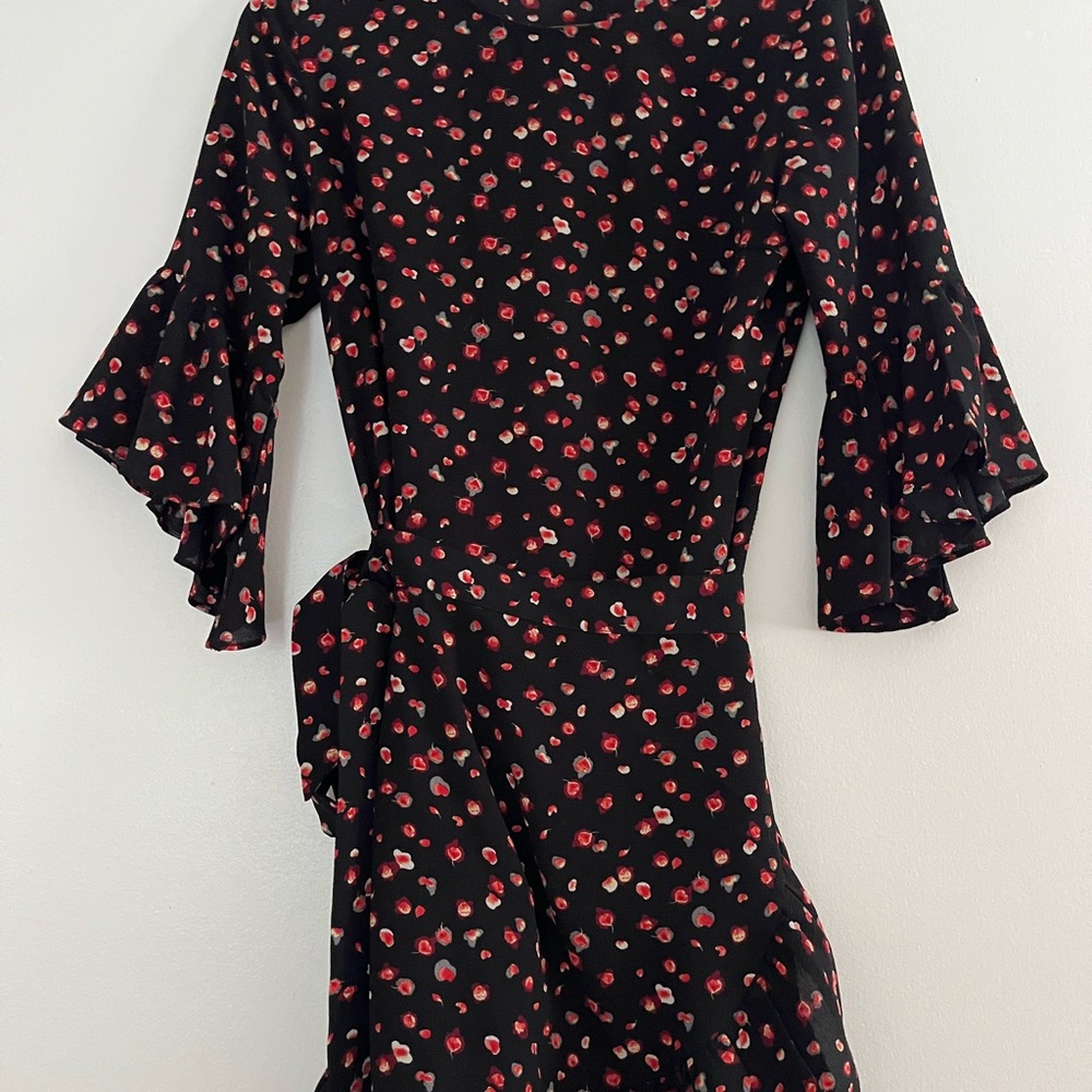 Lucy Paris Floral Black and Red Faux Wrap Dress size Small